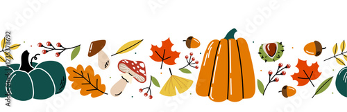 Autumn fall border pattern. Repeating design element for printing on fabric. Fall season vegetables. Green and orange pumpkin, mushrooms and orange leaves. Flat vector illustration