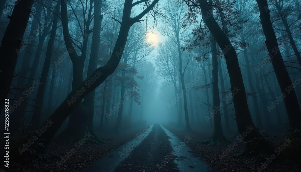 Fototapeta premium Shadowy Foggy Forest Path at Twilight
