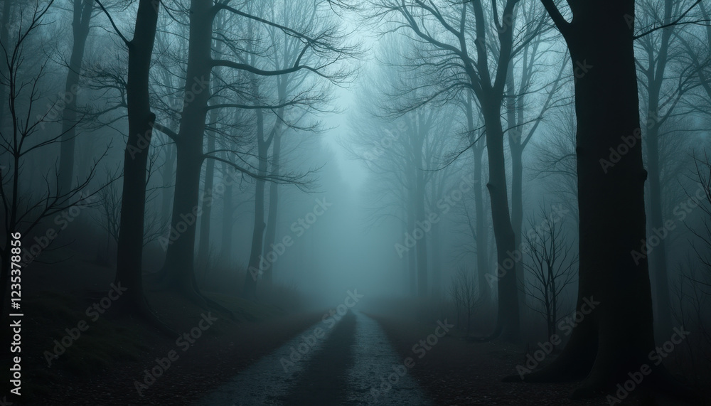 Fototapeta premium Haunted Forest Path with Dense Fog
