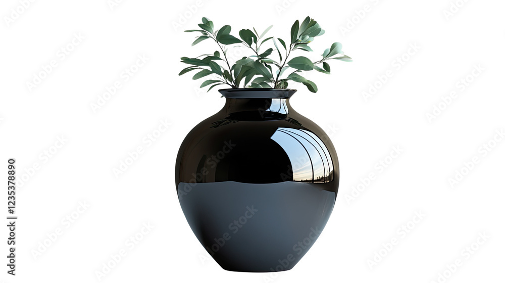 Elegant Black Vase with Greenery: A beautifully crafted black vase, reflecting the ambient light, cradles a sprig of lush green foliage. Elegant Black Vase with Greenery: A beautifully crafted black vase, reflecting the ambient light, cradles a sprig of lush green foliage.