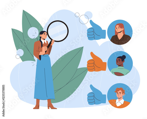 Search for employees. Woman with magnifying glass look at job candidates. HR manager at workplace. Hiring, headhunting and recruitment. Personnel assessment. Flat vector illustration