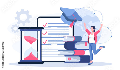 Woman completed tasks. Businesswoman near stack of books and hourglass. Planning and scheduling. Organizing effective work process. Poster or banner. Flat vector illustration