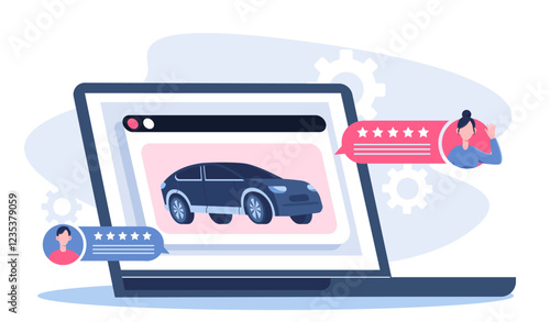 Reviews for car. Online rating of automobile. Carsharing and vehicle rental, car purchase. Mobile application for transport selling. Feedback and ranking. Flat vector illustration