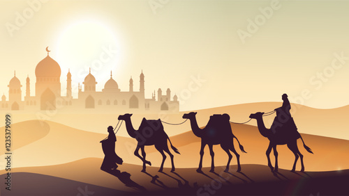 Caravan in desert. Silhouettes of men and camel in desert. Morocco, Oman, Sudan. People in sands walk to arabic city. Travel and journey. Oriental city. Flat vector illustration