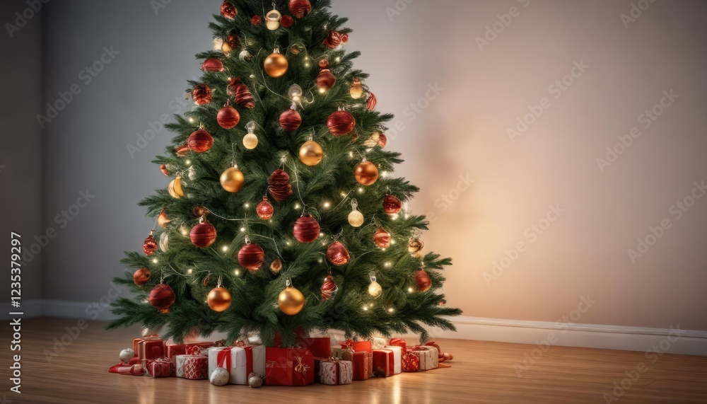 decorated evergreen tree with ornaments and lights, christmas decorations, colorful lights decorated evergreen tree with ornaments and lights, christmas decorations, colorful lights