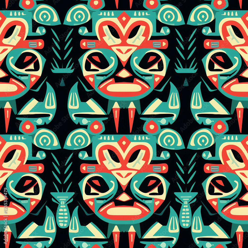 A colorful pattern of tribal masks and other figures A colorful pattern of tribal masks and other figures