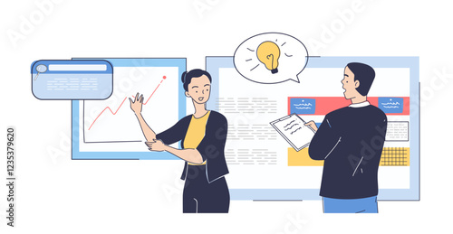 Soft skills concept. Man and woman discussing chart or graph. Collaboration and cooperation, partnership. Organization of effective work process, business networking. Linear vector illustration
