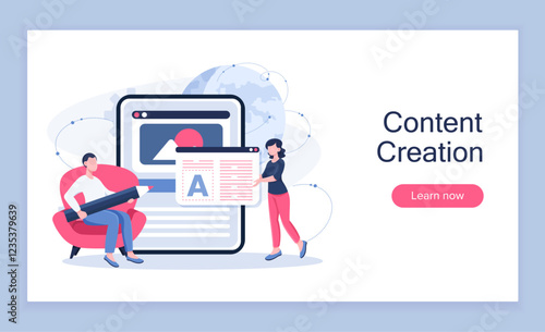 Content creation poster. Man with pencil and woman near smartphone. Collaboration and cooperation. Talented authors create online content. Team of copywriters writes article. Flat vector illustration