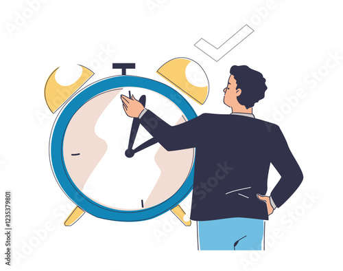 Soft skills concept. Man with large clocks. Time management and organizing effective work process. Scheduling and planning. Poster or banner. Linear vector illustration