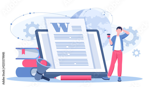 Copywriter man concept. Man with loudspeaker near tablet. Talented author and content creator. Creating content for social networks and Internet. Flat vector illustration