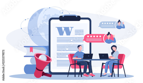 Team of copywriters. Man and woman near tablet with article. Talented authors and content creators. Creating content for social networks and Internet. Flat vector illustration