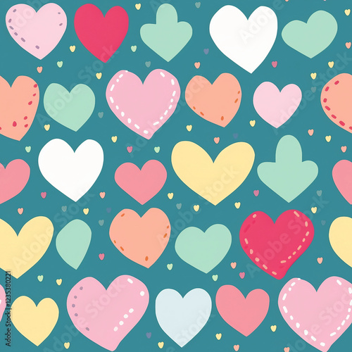 A blue and pink heart pattern with many hearts of different colors