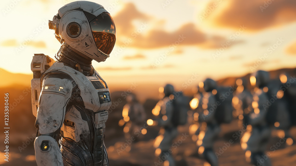 Futuristic space exploration with advanced robots at sunset on alien planet with scenic view and high-tech suits Futuristic space exploration with advanced robots at sunset on alien planet with scenic view and high-tech suits