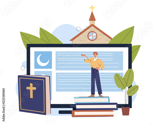 Study of religion. Man with stack of books near bible and chapel. Religion, faith and belief. Christianity, Orthodoxy, Catholicism and Protestantism. Flat vector illustration