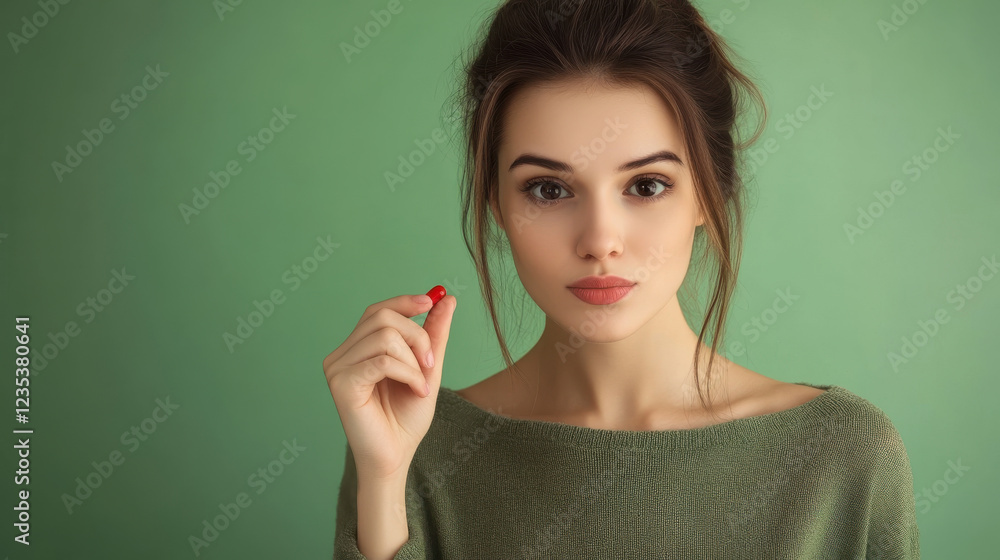 Young woman holding red capsule against green background with thoughtful expression and casual attire Young woman holding red capsule against green background with thoughtful expression and casual attire