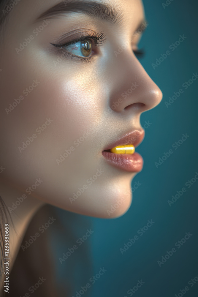 Young woman with yellow capsule focused on side profile highlighting smooth skin and calm expression against soft blue background Young woman with yellow capsule focused on side profile highlighting smooth skin and calm expression against soft blue background