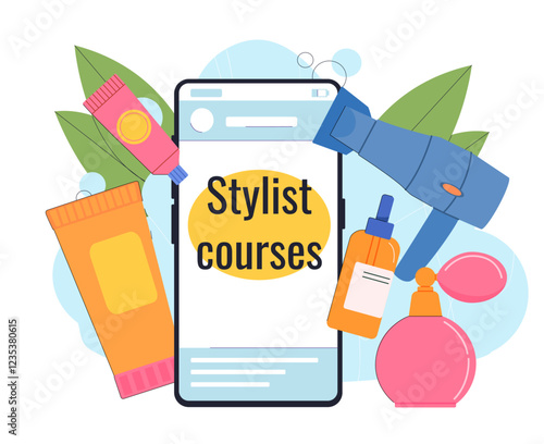 Stylist courses online. Smartphone near hairdryer, perfume and cream. Visagists equipment. Skincare and beauty procedures. Aesthetics and elegance. Flat vector illustration