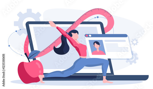 Diet plan online. Woman does yoga near laptop. Active lifestyle and sports. Fitness, training and workout. Healthy eating and proper diet, nutrition. Flat vector illustration