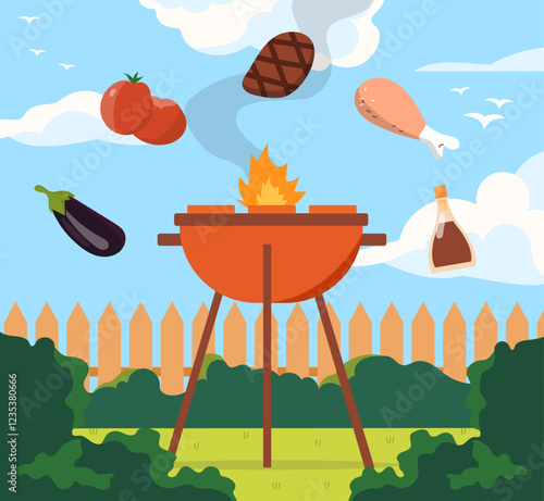 Summer barbecue grill. Grill with meat and vegetables. BBQ from pork, chicken and beef. Tomato and vegetables. Frying eating. Cooking and food preparation. Flat vector illustration