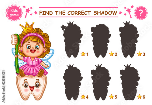 Cute magic tooth fairy princess, find correct shadow shape. Children education puzzle matching game. Fantasy girl with toothbrush. Search picture silhouette. Kid preschool logical learning task vector