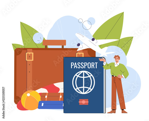 Tourist prepare for travel. Man with foreign passport and suitcase. Tourist planning trip. Preparation to holiday or vacation. Traveler with baggage. Flat vector illustration