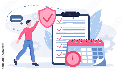 Employee benefits package online. Man near calendar and clipboard. Social benefit for workers and employees. Life protection and insurance. Corporate policy. Flat vector illustration