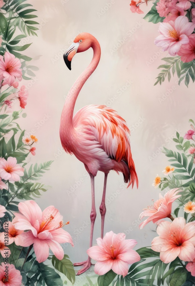 Obraz premium Delightful watercolor painting of flamingo and pastel flowers, painting, flamingo, pastel