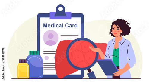 Endocrinologist examines liver. Woman in medical uniform with magnifying glass near huge internal organ. Healthcare and medicine. Diagnosis and treatment. Flat vector illustration