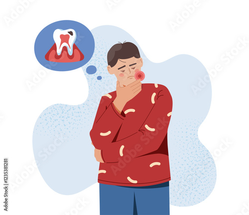 Boy with toothache symptom. Young guy holds his sore cheek. Caries and stomatitis. Oral illnesses and diseases. Dentistry and stomatology. Healthcare and medicine. Flat vector illustration