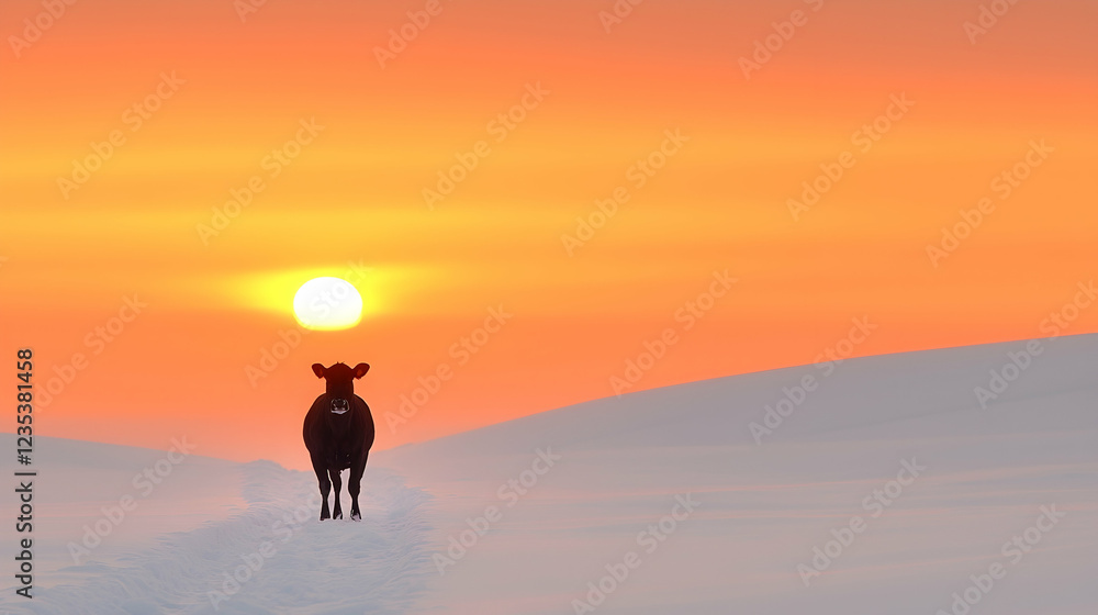 Cow silhouetted at sunset in snowy field Cow silhouetted at sunset in snowy field
