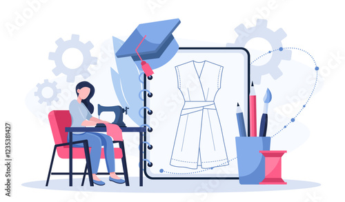 Fashion designer online. Woman with sewing machine. Handmade and handicraft clothes. Fashion and style. Tailor and seamstress. Atelier and boutique. Flat vector illustration