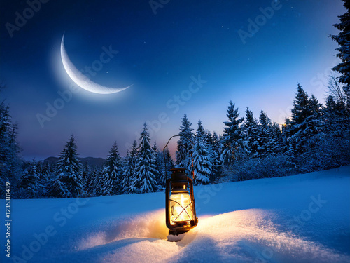 Winter Night's Lantern: A glowing oil lantern sits in the snow, casting a warm light against the backdrop of a snow-covered forest under a crescent moon.  The scene evokes a sense of peace. photo