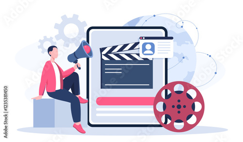 Film director online. Man with loudspeaker near film reel. Talented author comes up with script. Cinematography and filmmaking. Movies and cinema. Flat vector illustration