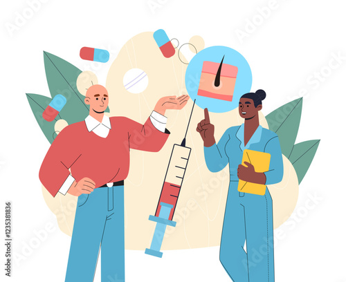 Treatment of baldness. Woman in medical uniform with syringe near bald man. Healthcare and treatment. Treatments for hormonal problems. Medical infographics. Flat vector illustration