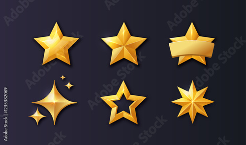 Golden stars set. Ranking and rating. Success and motivation. Award and reward, trophy. Glowing gold stars. Social media stickers. Realistic vector collection