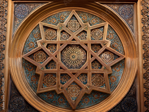 Symmetrical Islamic art with stars and crescents. photo