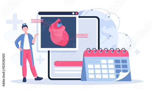 Heart check online. Man in medical uniform near heart structure. Healthcare and medicine. Diagnosis and treatment. Prevention of cardiovascular disease. Flat vector illustration