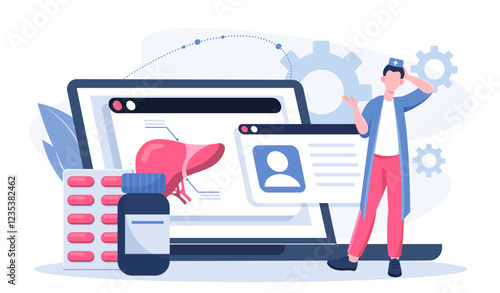 Hepatologist online concept. Man in medical uniform near bottle and blister of pills. Healthcare and medicine. Diagnosis and treatment. Remote gastroenterologist. Flat vector illustration