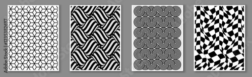 Illusion pattern posters set. Minimalistic abstract creativity and art. Hallucinogenic repeating pattern for fabric printing. Flyers and leaflets. Flat vector collection isolated on grey background