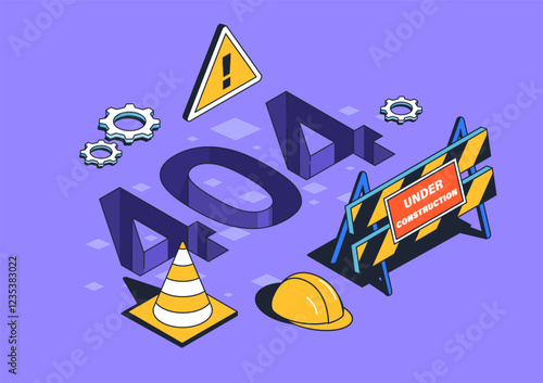 Isometric error 404 poster. Construction barrier, road cone and hardhat. Technical error in website code. Broken link and incorrect page address. Isometric vector illustration