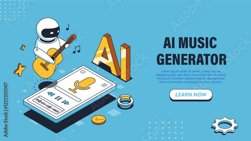 AI music generator poster. Robot with guitar near smartphone with mic. Melodies and songs. Artificial Intelligence and Machine Learning. Landing webpage design. Isometric vector illustration