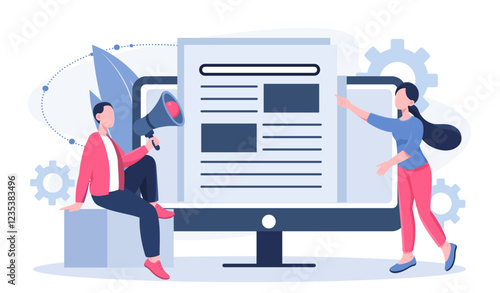 Magazine editor online. Woman near computer with article. Copywriters correct errors in article. Freelancers working on common project. Journal director. Flat vector illustration