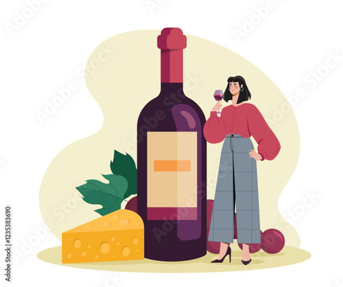 Woman with wine. Young girl with large bottle of wine and cheese. Tasty eating and food. Alcoholic drinks and beverages. Grape, winemaking and vineyard. Flat vector illustration