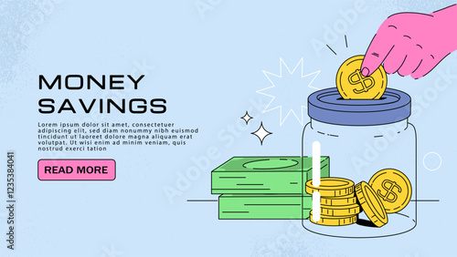 Money savings poster. Hand out golden coins in glass jars. Savings and family budget. Budgeting and accounting. Investment and deposit. Landing webpage design. Flat vector illustration