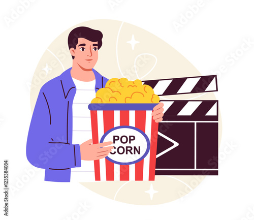 Film industry concept. Man with popcorn near clapperboard. Film and TV series production, filmmaking. Entertainment and fun. Flyer and booklet. Flat vector illustration