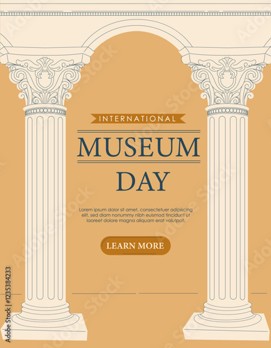 Museum day poster. Marble columns with text. International holiday and festival. Cultural rest and leisure. Worldwide architecture. Gallery and exhibition. Flat vector illustration