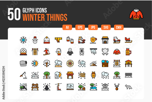 Set of 50 Winter Things Line Filled Icons . Line Collection. Editable Stroke. Vector Icons