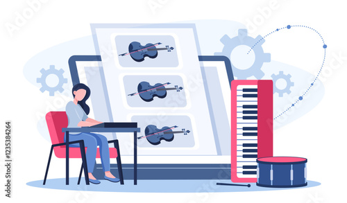 Musician online concept. Woman with synthesizer and drum composing music. Concert and musical performance on internet. Pianist playing songs and melodies. Flat vector illustration
