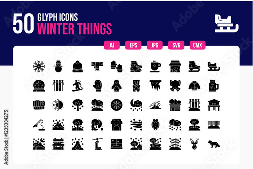 Set of 50 Winter Things Glyph Icons . Line Collection. Editable Stroke. Vector Icons