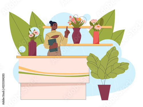 Woman sells flowers. Florist at workplace. Young girl selling bouquets from bloom and blossom plants. Romantic gift and present. Botany and gardening. Flat vector illustration